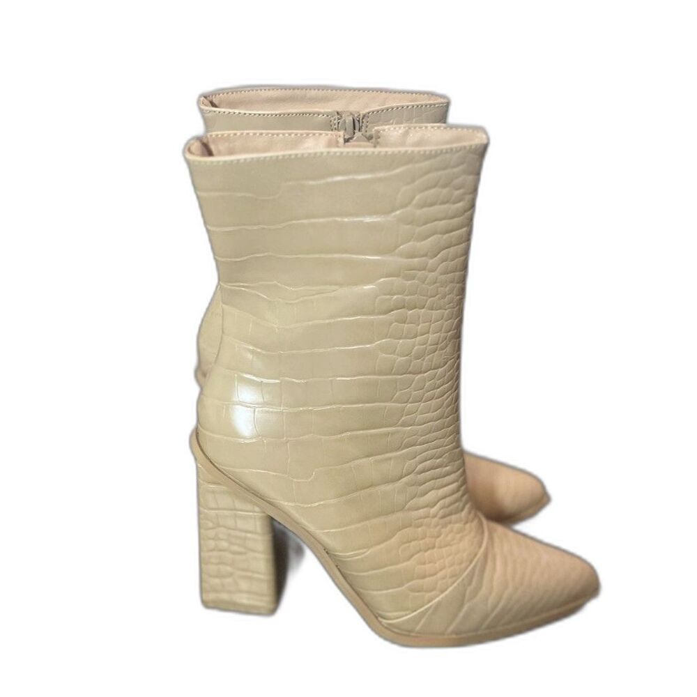 Lulus Wendi Light Nude Crocodile-Embossed Pointed-Toe Mid-Calf Boots Size 8.5 - Picture 2 of 12